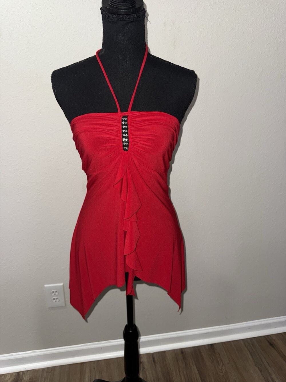 Lipstick Women's Y2K Red Halter Neck Top Rhinestone Ruched Party Tank M